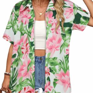 Women's Button-Down Short-Sleeve V-Neck Hawaiian Beach Shirt