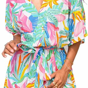 Women's Lace-Up Half-Sleeve Printed Wide-Leg Vacation Romper